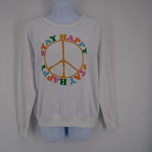 33 Revolutions NWT Women's White 'Stay Happy' Round Neck Pullover Sweatshirt L